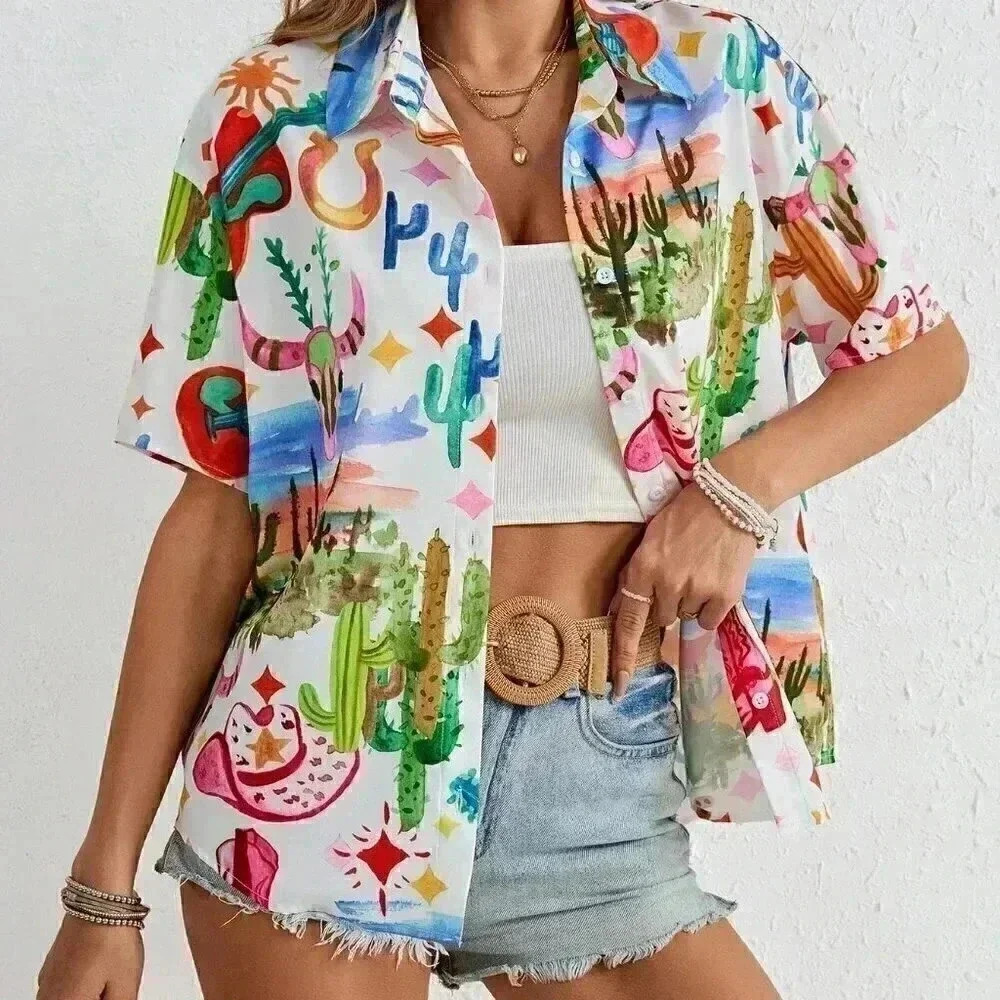 White Casual Women's Vacation Doodle Print Regular Fit Shirt - Picture 3 of 6